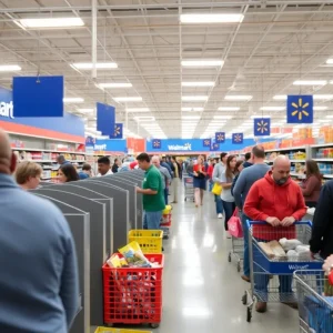 Interior of a Walmart store with self-checkout kiosks