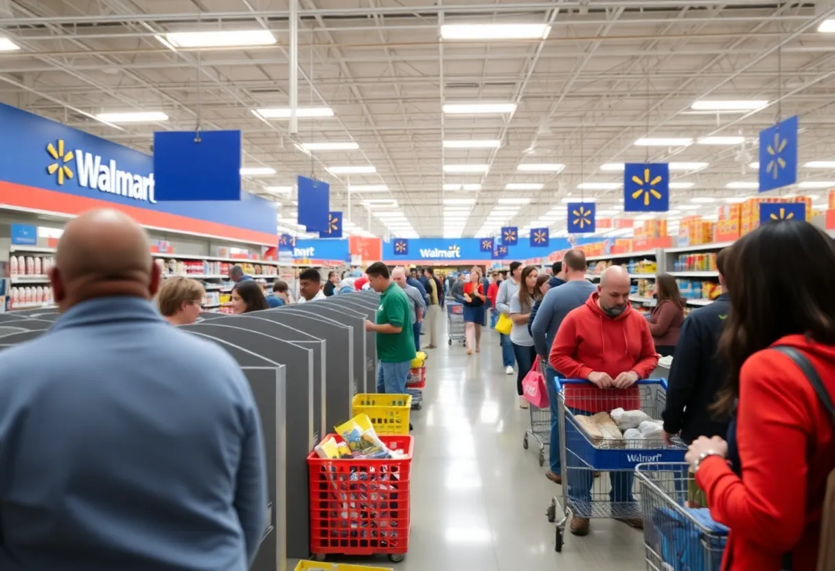 Interior of a Walmart store with self-checkout kiosks