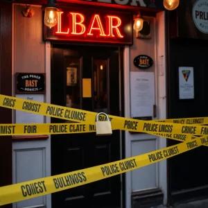 A padlocked bar with police tape indicating closure due to public nuisance.