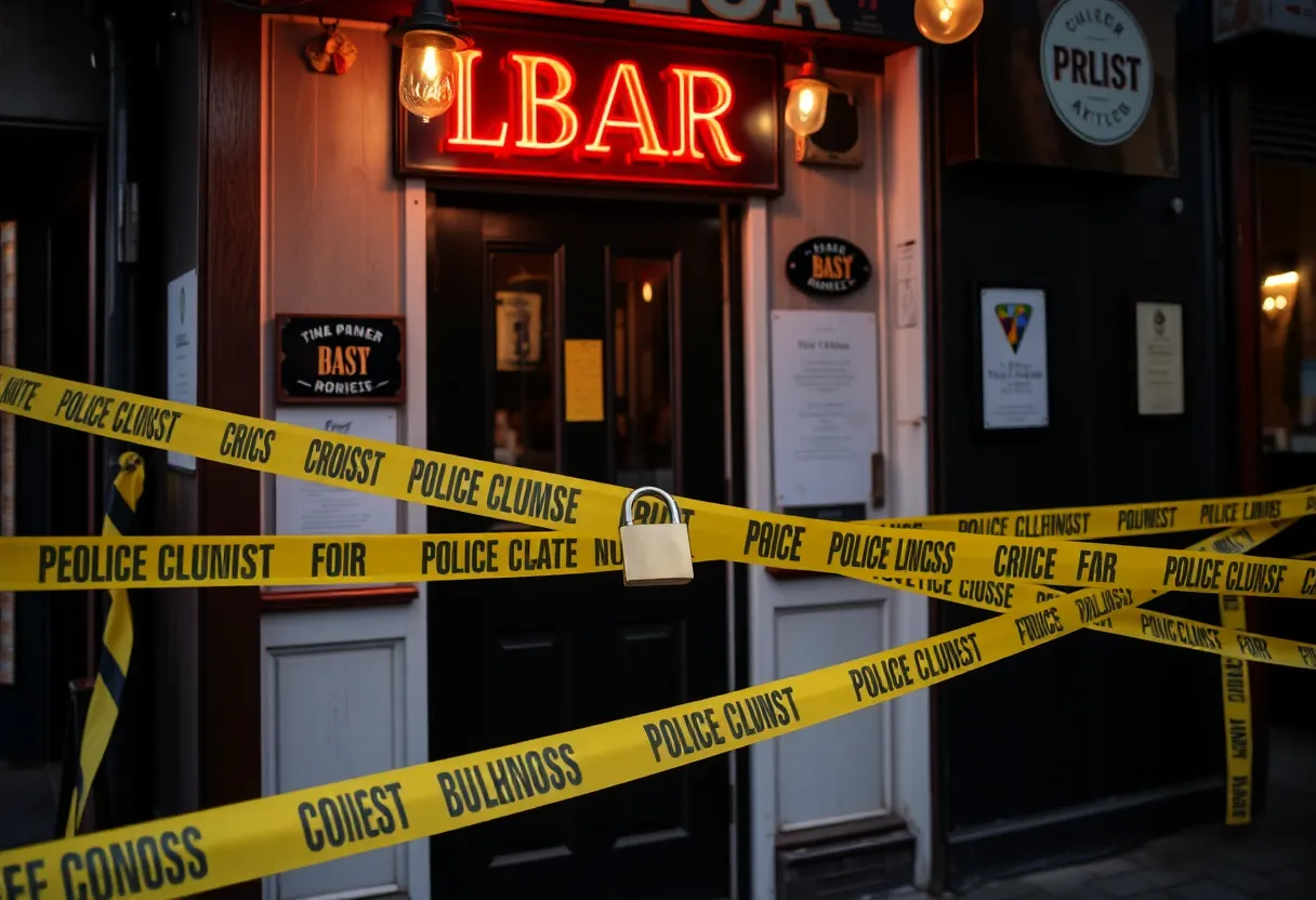 A padlocked bar with police tape indicating closure due to public nuisance.