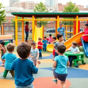 Diverse children playing at a Nashville childcare center playground with caregivers and a subtle city skyline in the background