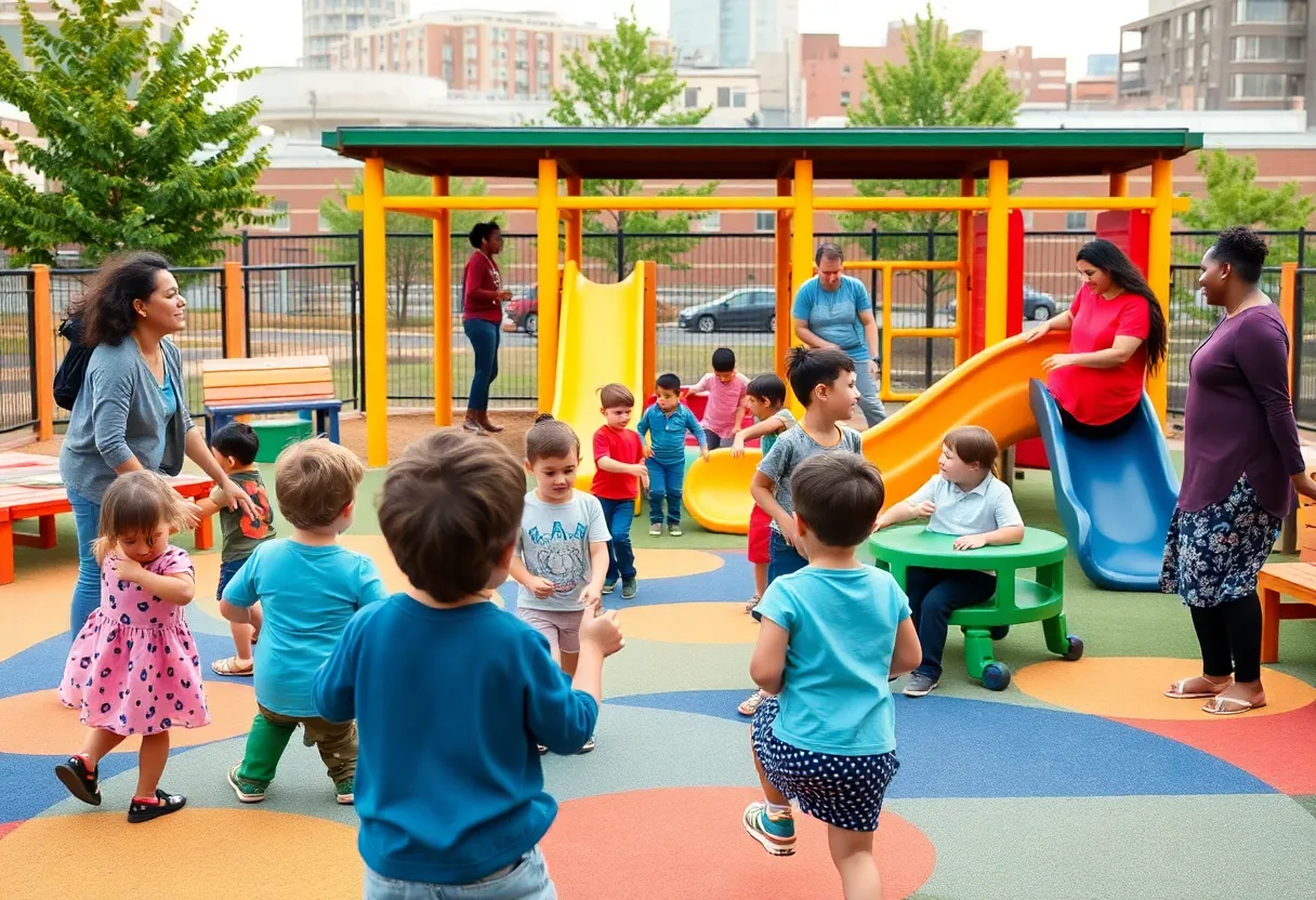 Diverse children playing at a Nashville childcare center playground with caregivers and a subtle city skyline in the background
