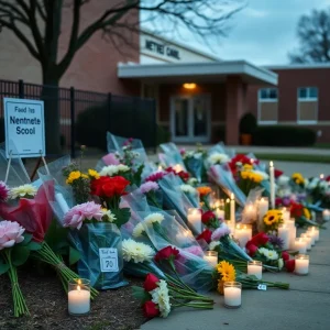 Memorial flowers and candles at Annunciation Catholic School