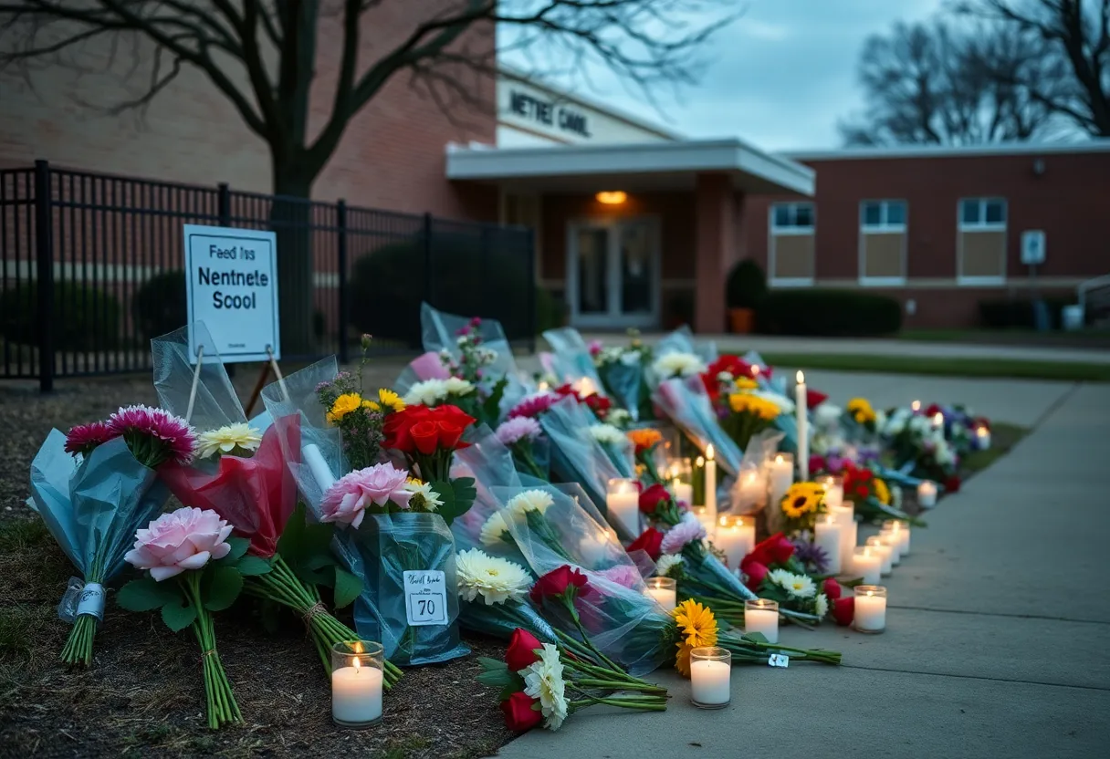 Memorial flowers and candles at Annunciation Catholic School