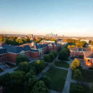 Aerial view of APSU campus with red-brick buildings, green lawns and a distant city skyline