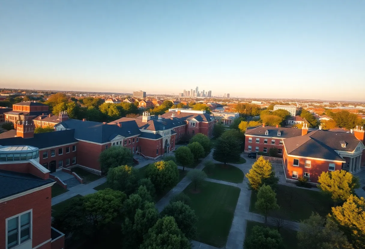 Aerial view of APSU campus with red-brick buildings, green lawns and a distant city skyline