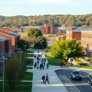 Students walking on a tree-lined campus path at a mid-sized university near a highway in late afternoon light