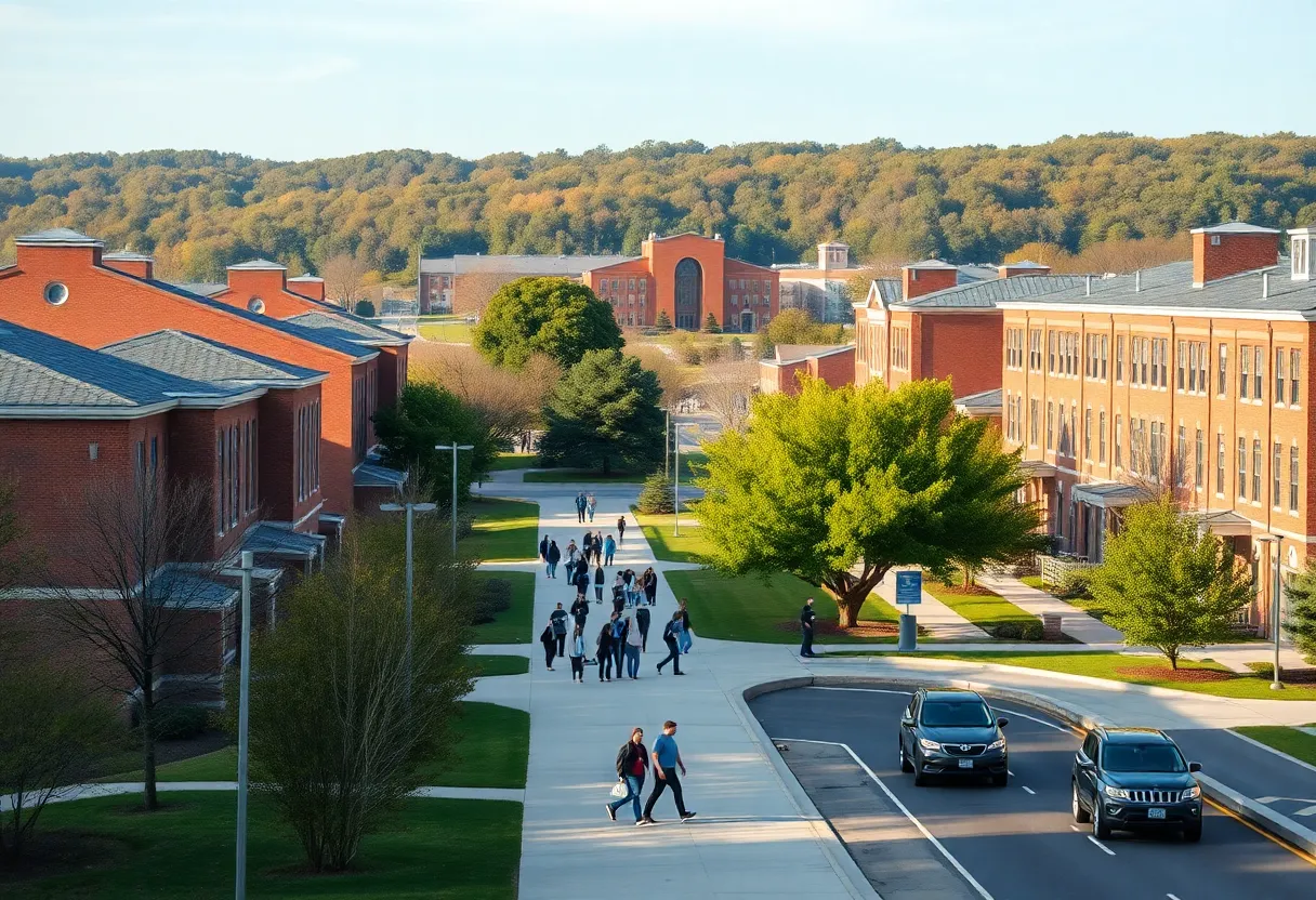 Students walking on a tree-lined campus path at a mid-sized university near a highway in late afternoon light