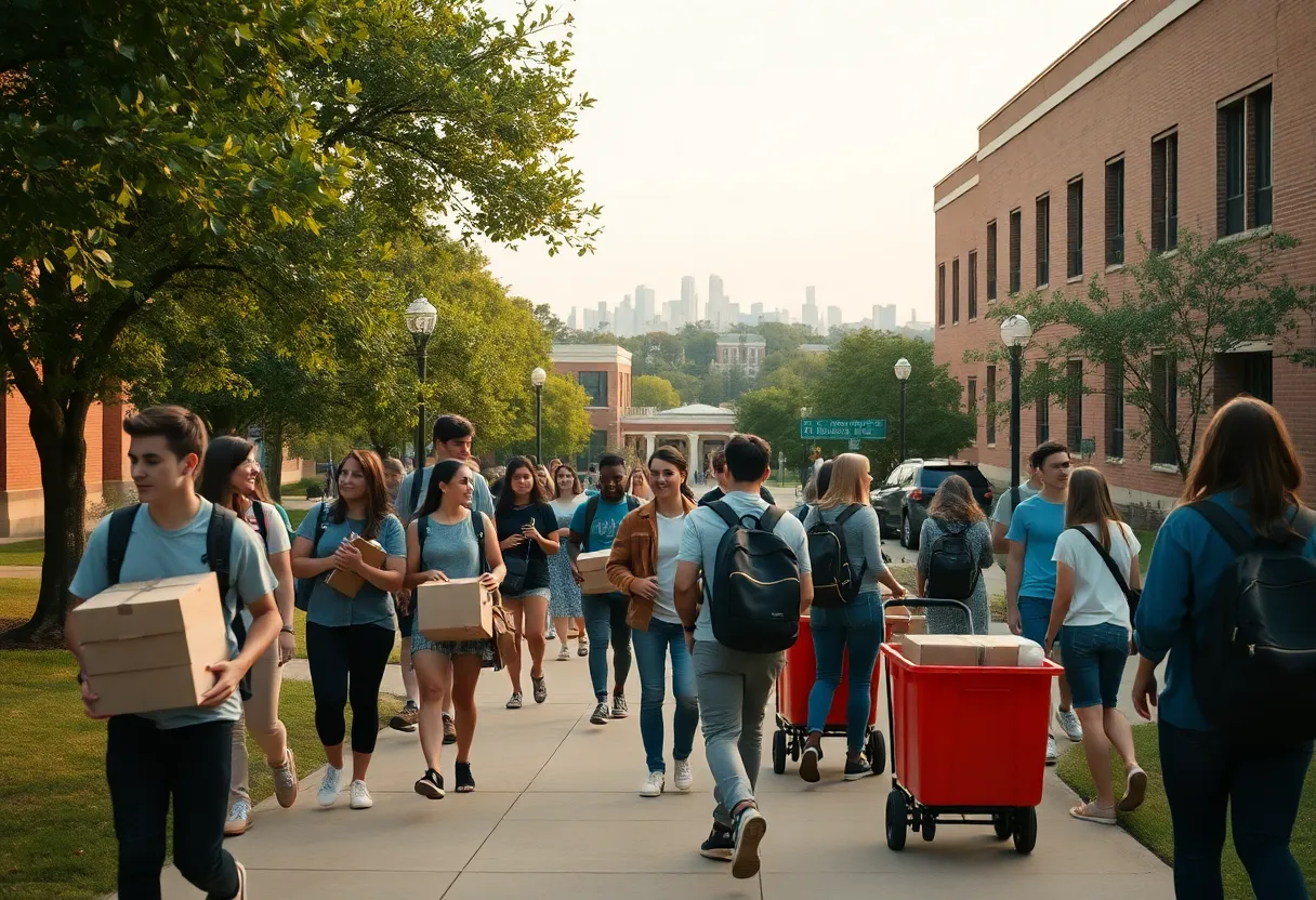 Students moving into dorms at a southern university campus with boxes and backpacks during a sunny late-summer day.