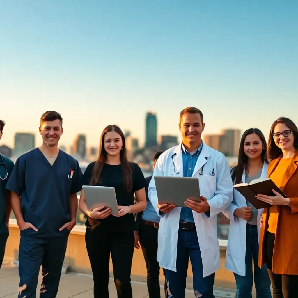 Diverse recent graduates in healthcare, lab and tech attire standing on a rooftop with Nashville skyline behind them