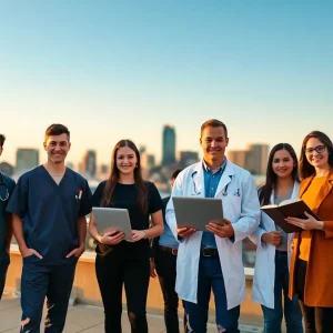 Diverse recent graduates in healthcare, lab and tech attire standing on a rooftop with Nashville skyline behind them