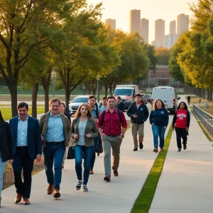 University staff and campus workers on a tree-lined walkway with a city skyline in the distance