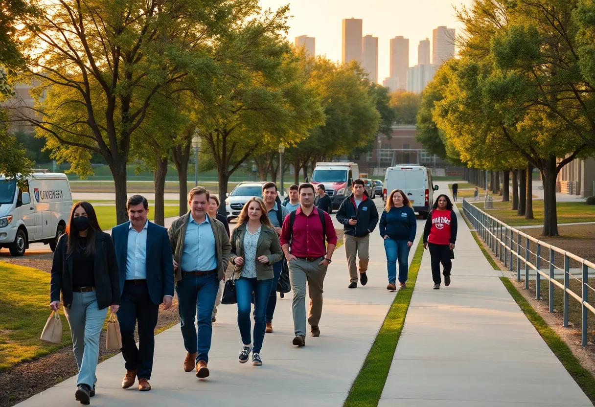 University staff and campus workers on a tree-lined walkway with a city skyline in the distance