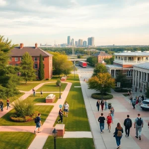 Side-by-side view of a quiet suburban campus and a bustling larger campus with Nashville skyline in the background