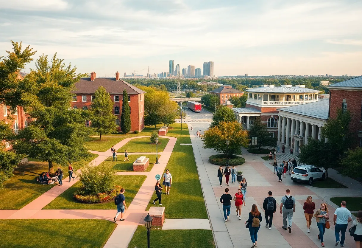 Side-by-side view of a quiet suburban campus and a bustling larger campus with Nashville skyline in the background