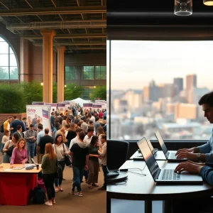 Split scene of a university career fair on campus and students studying online in a cafe with Nashville skyline