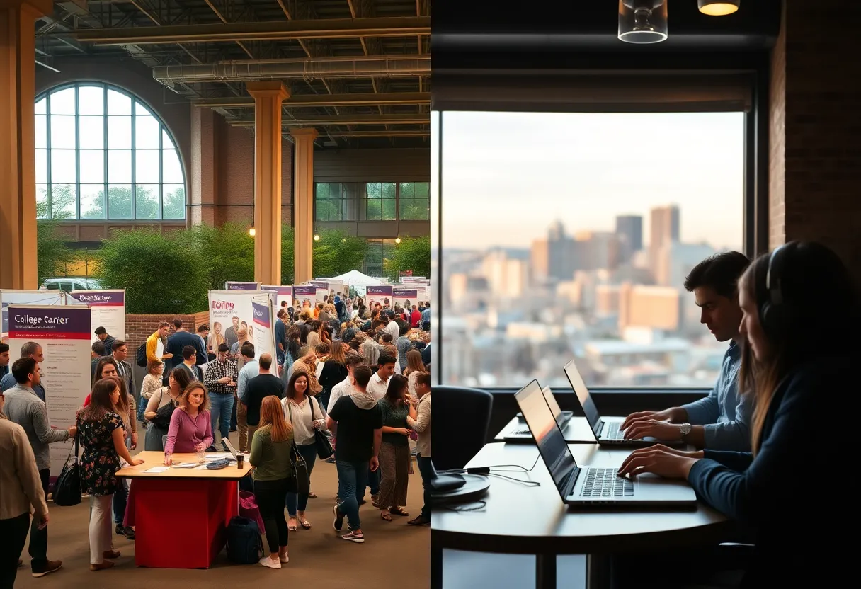 Split scene of a university career fair on campus and students studying online in a cafe with Nashville skyline