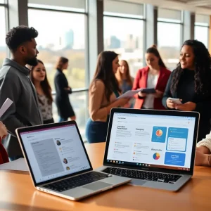 Diverse students networking and reviewing resumes in a university career center with Nashville skyline in the background