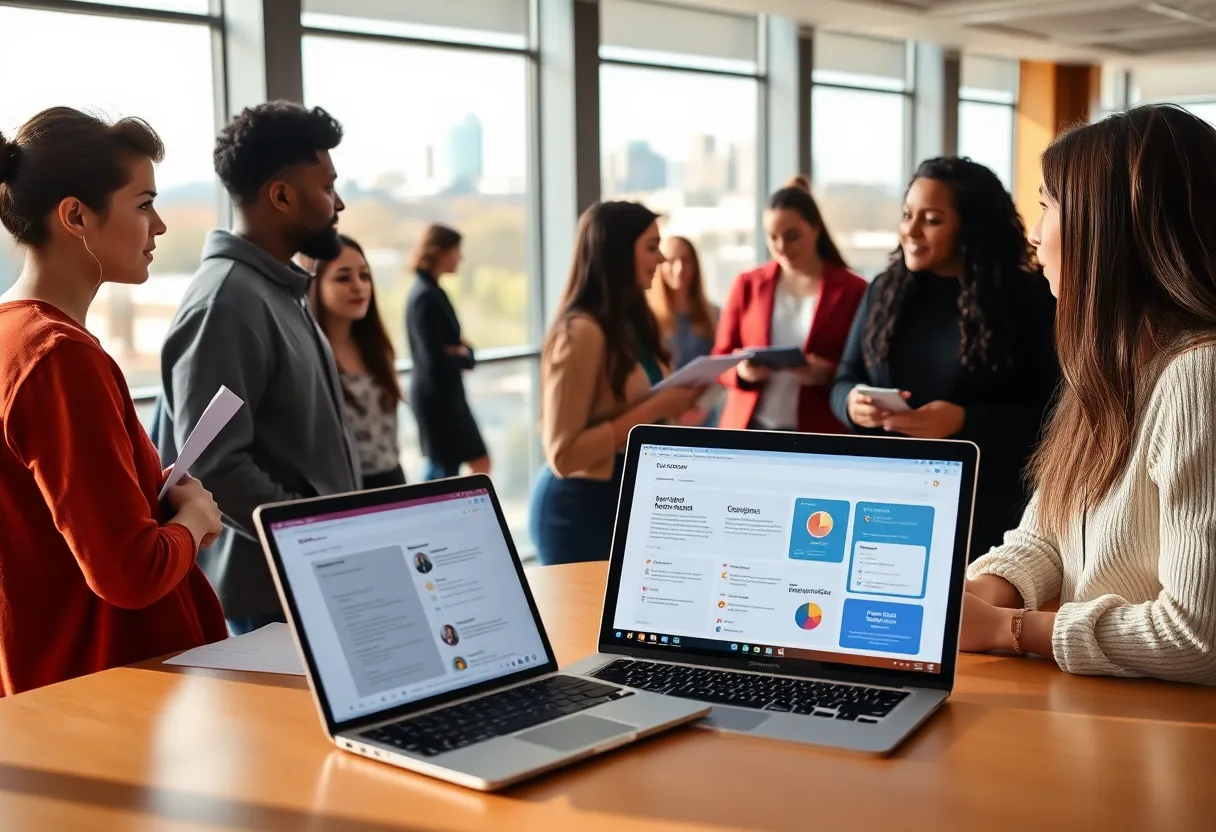 Diverse students networking and reviewing resumes in a university career center with Nashville skyline in the background