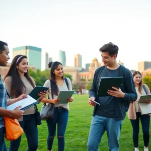 Diverse students on campus reviewing scholarship application documents with a city skyline in the background