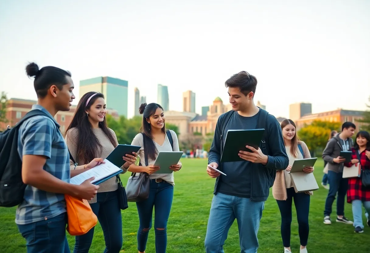 Diverse students on campus reviewing scholarship application documents with a city skyline in the background