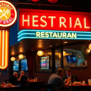 Exterior view of Arcade Restaurant with neon lights and diners