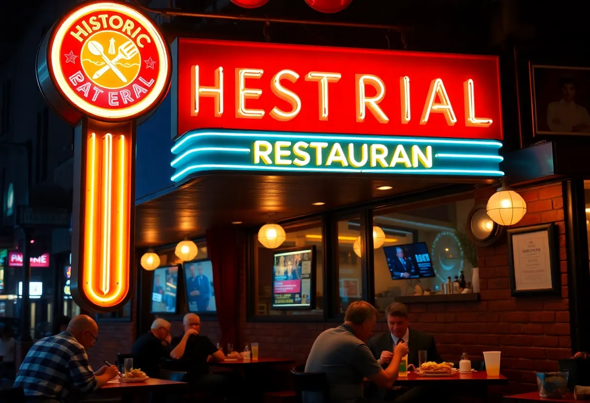 Exterior view of Arcade Restaurant with neon lights and diners