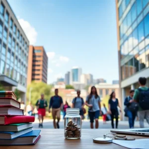 Students walking on a university campus with Nashville skyline in the background and college-related items suggesting scholarships and work-study
