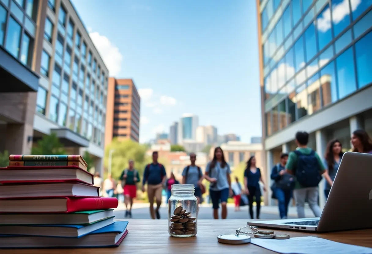 Students walking on a university campus with Nashville skyline in the background and college-related items suggesting scholarships and work-study