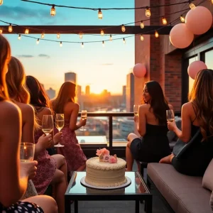 Group bachelorette celebration on hotel rooftop with Nashville skyline at sunset
