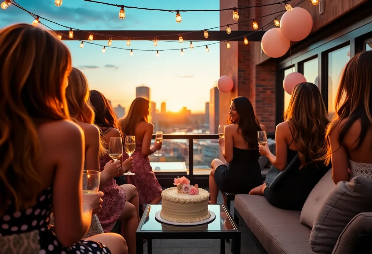 Group bachelorette celebration on hotel rooftop with Nashville skyline at sunset