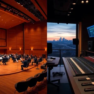 Split image showing a conservatory concert hall on one side and a modern recording studio on the other, symbolizing Blair and Lipscomb music programs in Nashville.