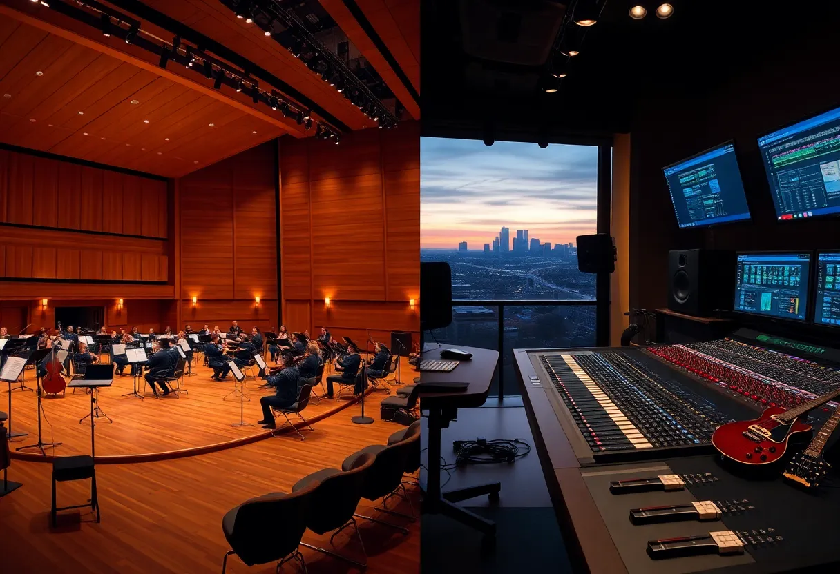 Split image showing a conservatory concert hall on one side and a modern recording studio on the other, symbolizing Blair and Lipscomb music programs in Nashville.