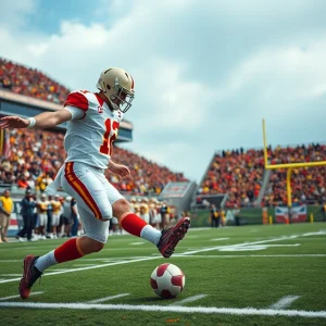 College football kicker preparing to kick a field goal