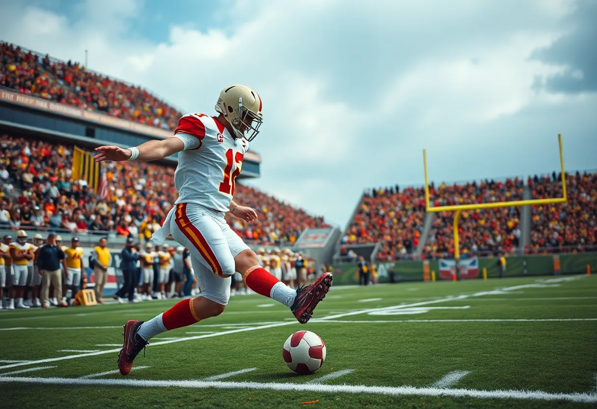 College football kicker preparing to kick a field goal