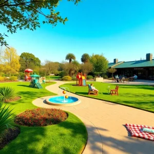 Parents and children enjoying Bracken Children's Garden, sculpture trail, and toy train at a sunny Cheekwood garden