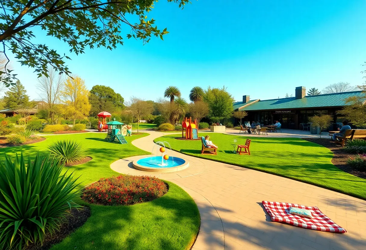 Parents and children enjoying Bracken Children's Garden, sculpture trail, and toy train at a sunny Cheekwood garden