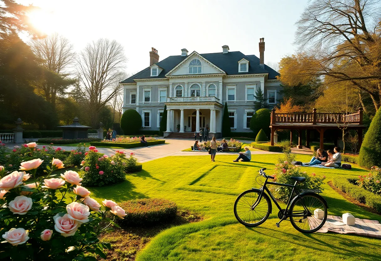 Georgian mansion at Cheekwood surrounded by blooming gardens with visitors and picnic blankets