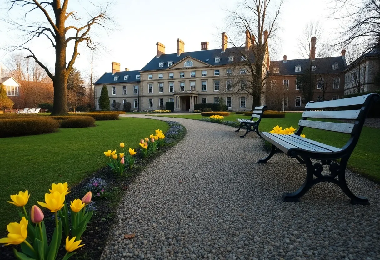 Cheekwood Estate & Gardens path with spring bulbs and historic mansion in soft morning light