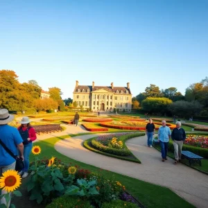 Cheekwood Estate & Gardens with mansion, sunflowers, winding paths and visitors in golden afternoon light