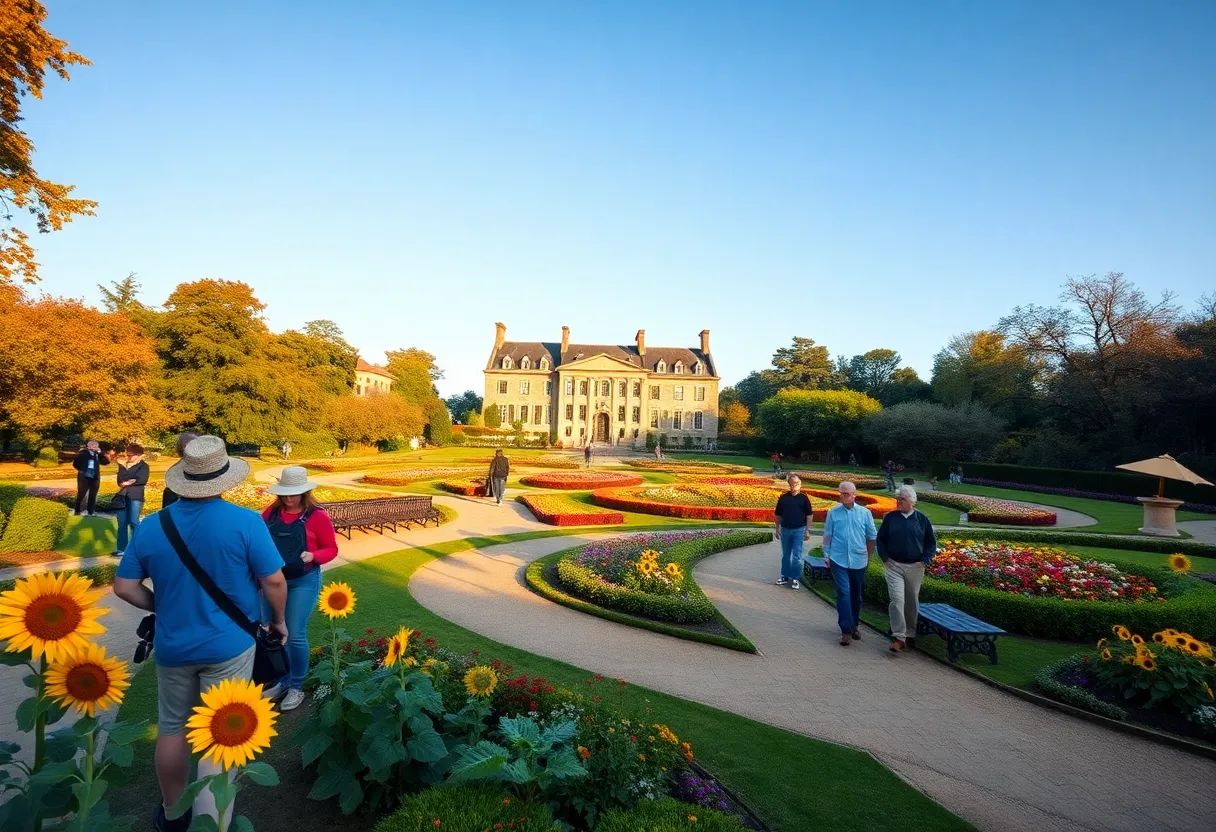 Cheekwood Estate & Gardens with mansion, sunflowers, winding paths and visitors in golden afternoon light