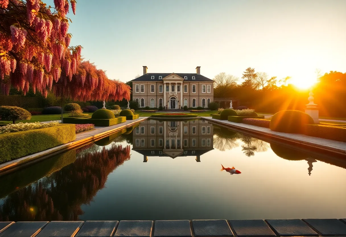 Cheekwood reflecting pool mirroring the historic mansion, wisteria and boxwood gardens at golden hour