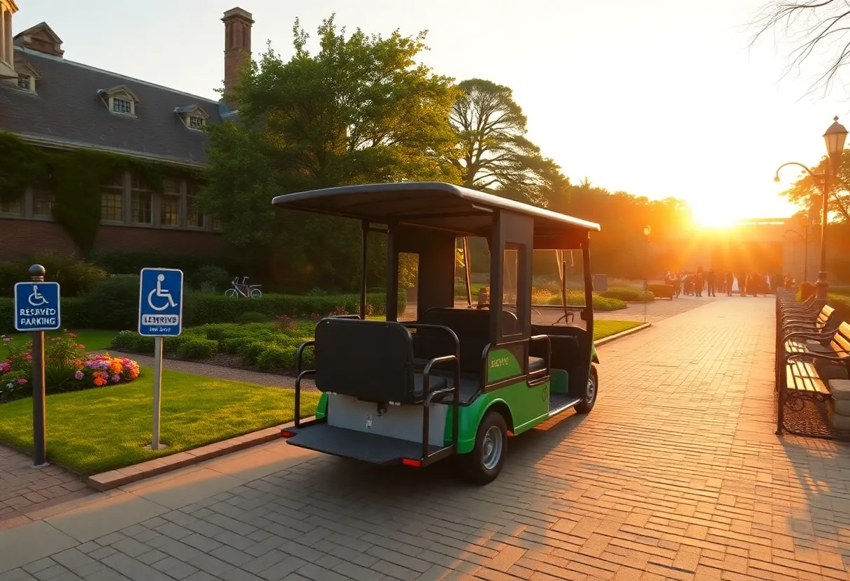 Morning view of Cheekwood garden pathway with wheelchair-accessible shuttle, reserved accessible parking sign and benches among flower beds