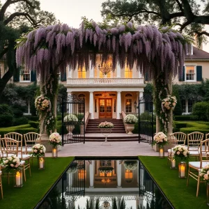 Cheekwood Estate gardens set up for an outdoor wedding with wisteria arbor and reflecting pool at dusk