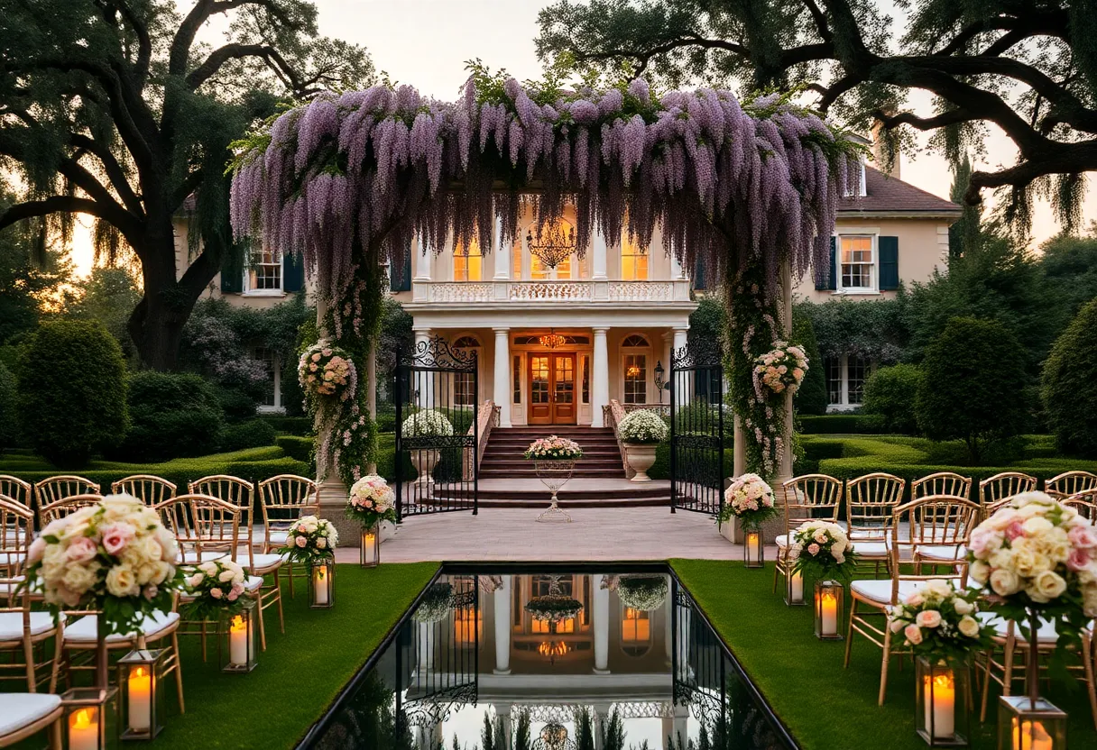 Cheekwood Estate gardens set up for an outdoor wedding with wisteria arbor and reflecting pool at dusk