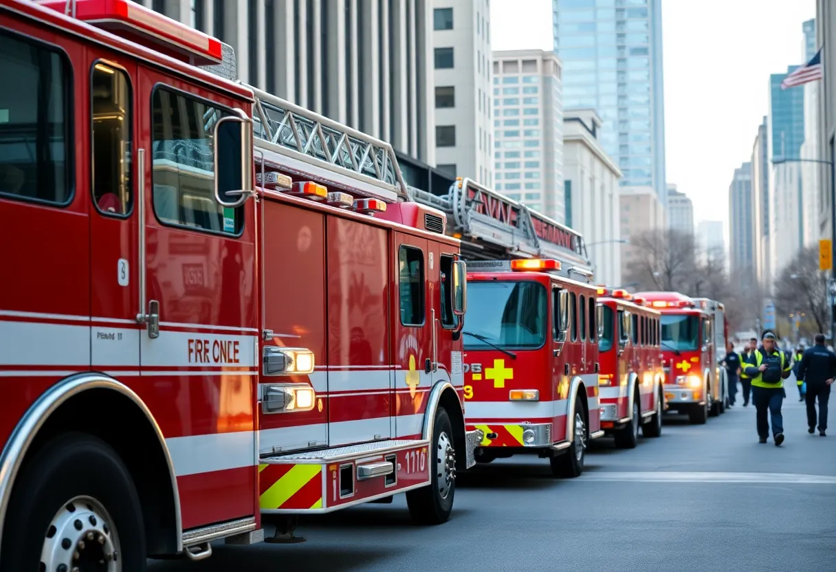 Fire trucks and personnel at a fire department in an urban environment.