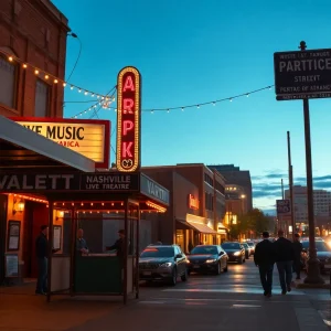 City Winery entrance on Lafayette Street with valet, patrons, and nearby parking lots at dusk in downtown Nashville