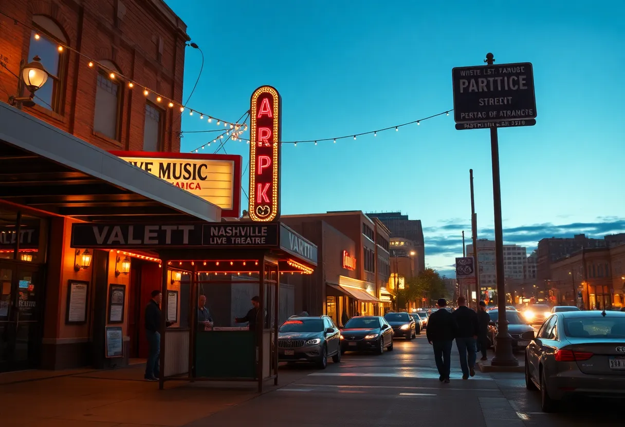 City Winery entrance on Lafayette Street with valet, patrons, and nearby parking lots at dusk in downtown Nashville
