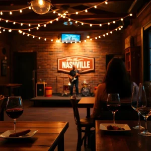 Cozy City Winery Nashville interior with live music stage, warm lighting, and couples enjoying wine and shareable plates