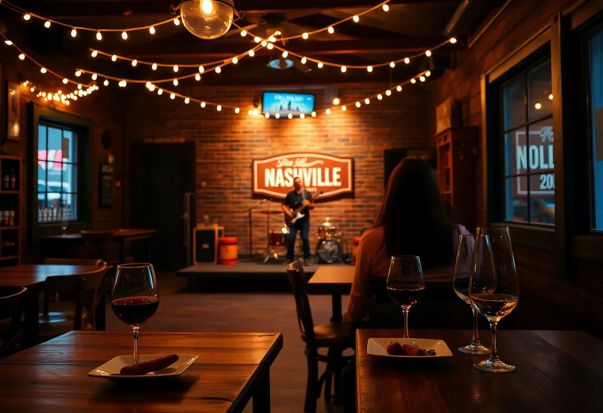 Cozy City Winery Nashville interior with live music stage, warm lighting, and couples enjoying wine and shareable plates